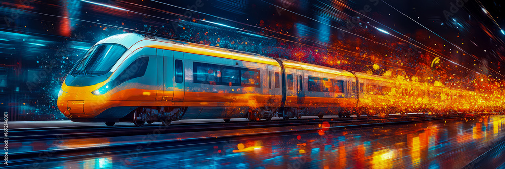 Poster dynamic high-speed train accelerating through futuristic digital tunnel, creating vibrant streaks of