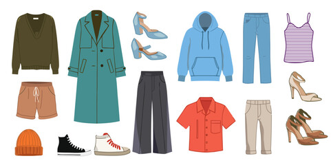 Fashion clothes set. Modern casual  garment, accessory for men, women. Different apparel collection, dress, pants, jacket, shoes and bags.