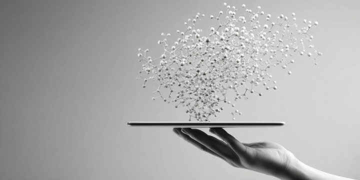Hand holding tablet with floating molecular structure hologram in monochrome. AI generative