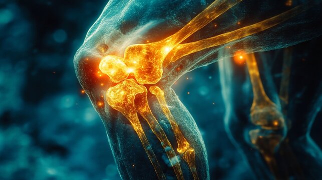 Painful knee joint, highlighted bones and inflammation