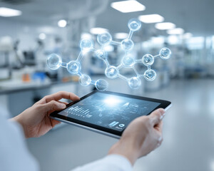 Hands using tablet with holographic molecular model in a laboratory. AI generative