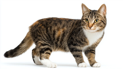 白い背景に立つ、好奇心旺盛な子猫の横向き全身ショット