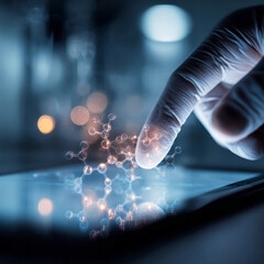 Gloved Hand Interacting with Molecular Hologram on Touchscreen Tablet in Laboratory. AI generative