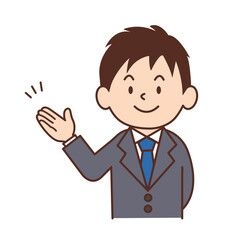手で案内をするビジネスマン　スーツを着た男性のイラスト