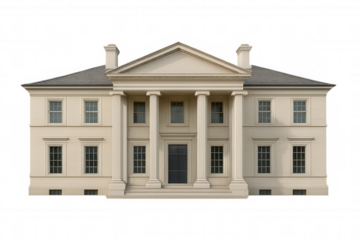 Majestic neoclassical building featuring prominent columns, a grand entrance, and a transparent background, ideal for architectural visualization and design projects