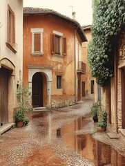 Obraz premium Cobblestone alley with wet reflections historic European buildings and falling rain