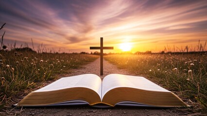 Open Bible, Cross, and sunset path: faith journey