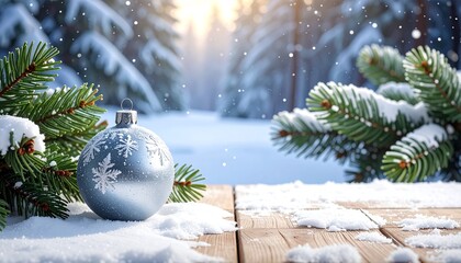 Panoramic view of fir branches and christmas ball on snowy wooden table