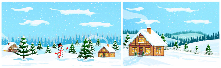 Winter village scene with country houses and snowman. Merry Christmas holiday landscape with snow covered trees. New Year illustration.