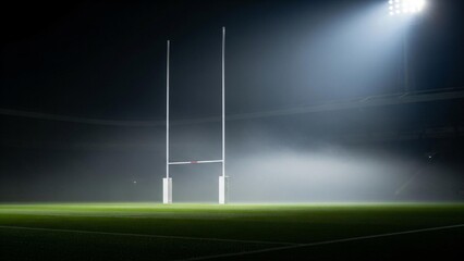 Rugby goalposts on misty field under stadium lights