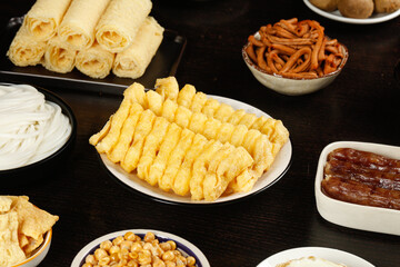 Asian Gourmet Appetizer Spread with Spring Rolls Vermicelli Noodles and Traditional Snacks
