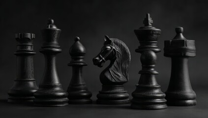 Black Chess Pieces with Knight Figure on Dark Background for Strategic Board Game Concept