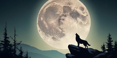 Naklejka premium Wolf howling at full moon on rocky hill with dramatic night sky. for book covers, posters