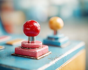 retro arcade joystick and candy-colored buttons on a cabinet control panel