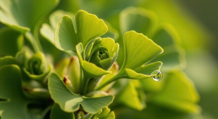 A close-up of vibrant green ginkgo biloba leaves with a single water droplet shining in the sunlight