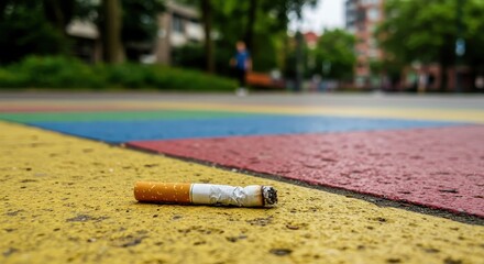 Cigarette Butt Laying on Colorful Pavement in Urban Park Setting with Blurred Background