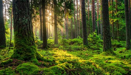 Obraz premium Sunlight filters through a beautiful green forest on a winding path, highlighting the autumn foliage