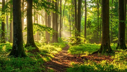 Obraz premium Sunlight filters through a beautiful green forest on a winding path, highlighting the autumn foliage