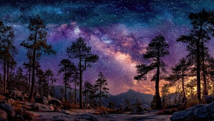 Fototapeta premium Night sky panorama over a forest