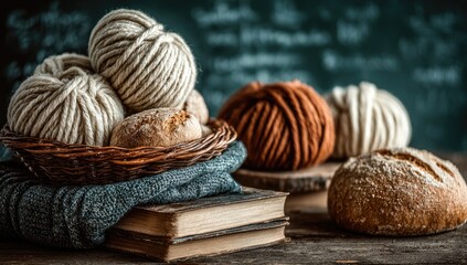 Basket of yarn, bread, and books on wooden table