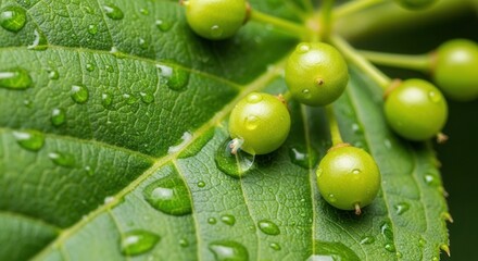Close-up of green berries and a leaf covered in water droplets after a refreshing rain