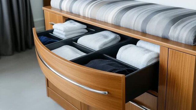 Organized drawer with neatly folded towels and clothes in modern wooden furniture, capturing tidiness and functionality