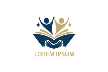 Fototapeta premium Education Logo Design featuring People Reaching for the Stars above a Book Supported by Hands