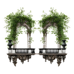 Ornate architectural balcony arches draped with lush green foliage and black backdrop