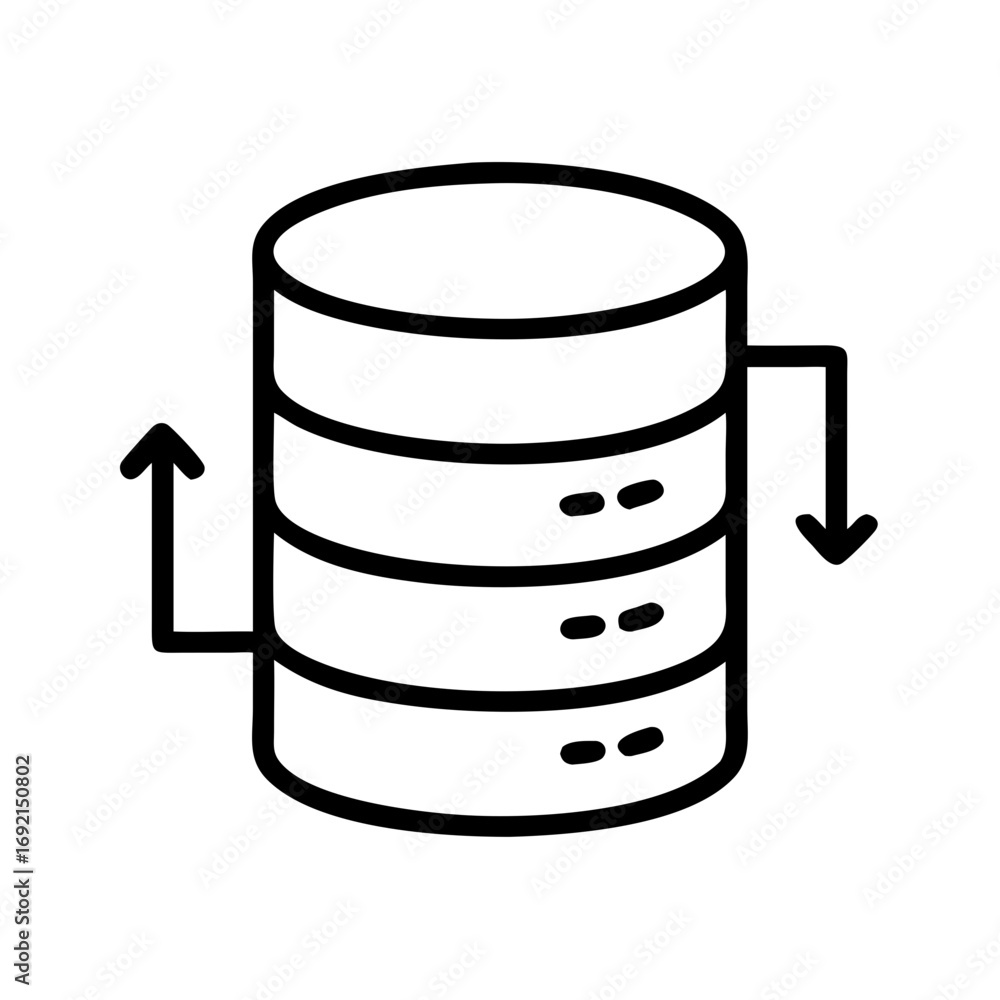 Poster database cylinder icon with upload and download arrows in outline design