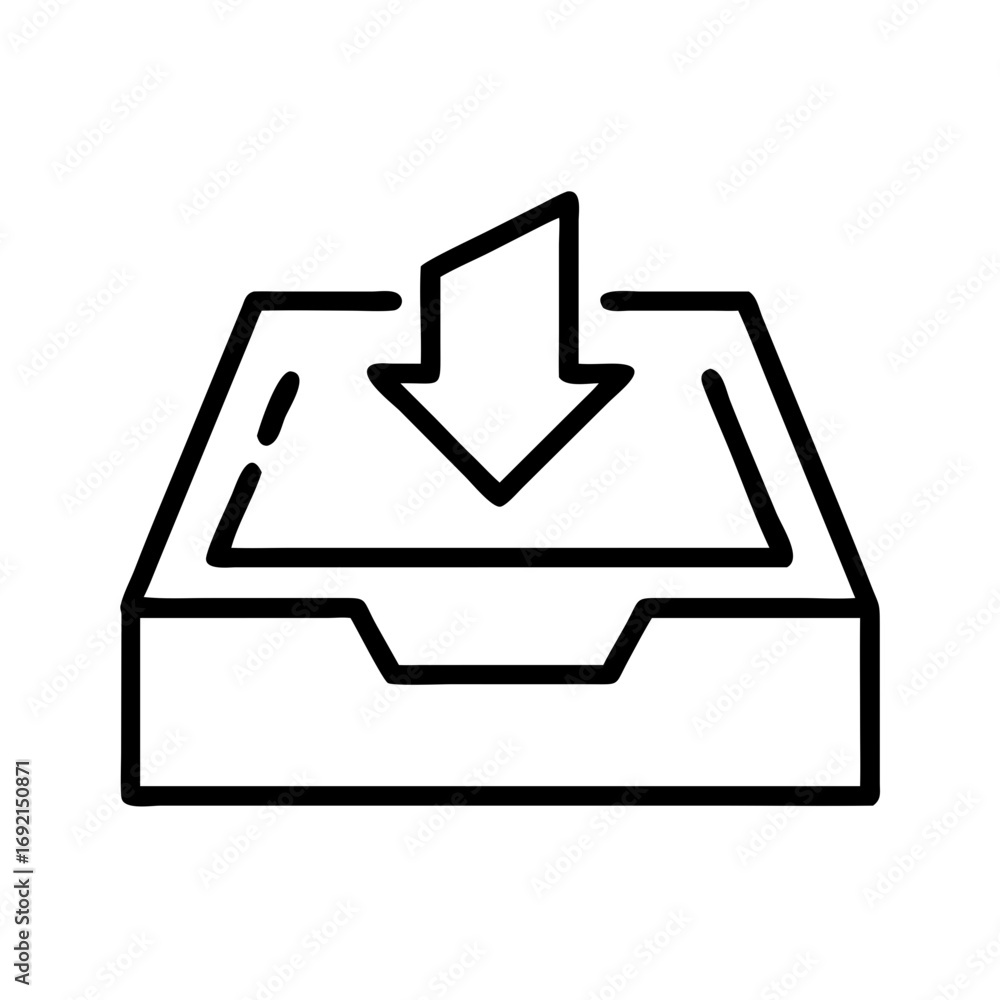 Poster outbox tray with downward arrow icon on simple white background