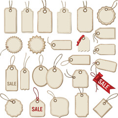 Create a kinds of Price tag labels in different shapes or Brand Set of Empty stickers. Gift box tags or sale shopping labels with rope. Blank labels template price tags vector art with white backgroun