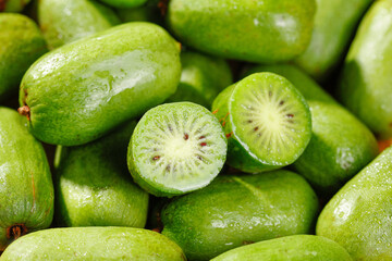 Fresh Mini Kiwi Fruits Collection - Whole and Sliced Green Berry Actinidia Close-up