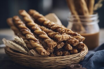 Caramel-drizzled pretzel sticks in wicker basket with rustic decorations