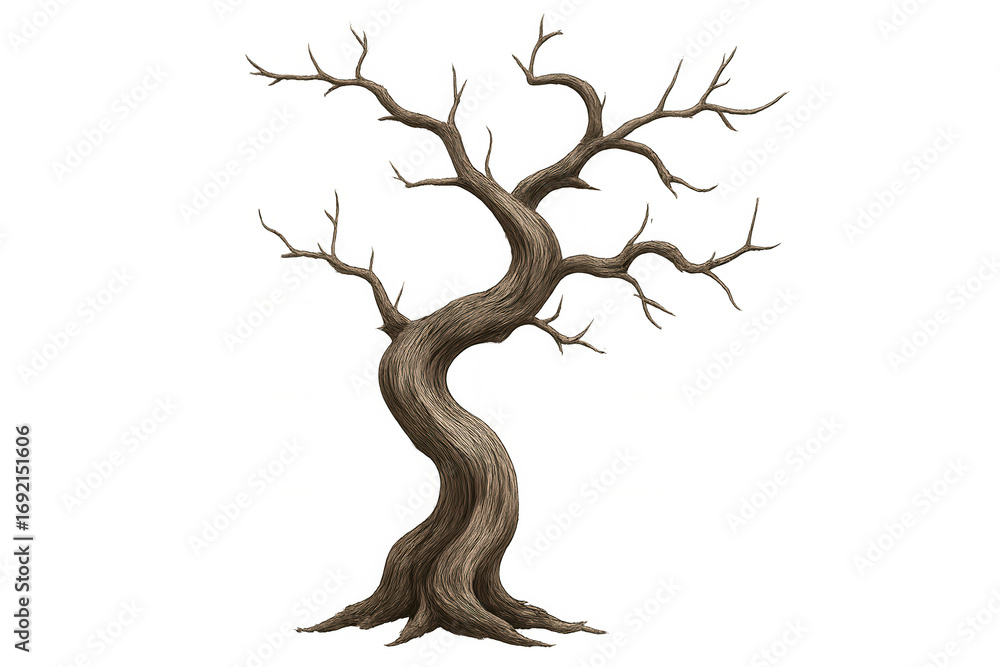 Poster gnarled, leafless tree with a twisted trunk and textured bark against a transparent background, crea