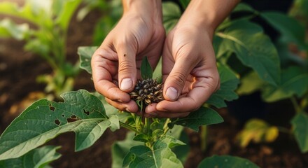 Farmer's hands holding a ripe sunflower head full of seeds in the field ready for harvest