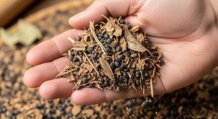 Handful of natural ingredients herbal remedy in palm offering holistic wellness close-up