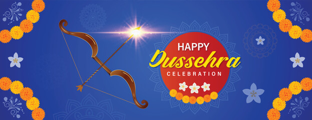 dussehra celebration wishing or greeting card and poster and banner design vector file with ram bow or mandala marigold flower decoration, post, graphic