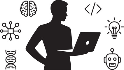 Artificial Intelligence Specialist Silhouette with Tech Icons on Transparent Background