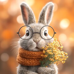 cute rabbit wearing round glasses and a cozy scarf