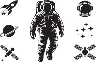 Astronaut in Space with Rocket, Planet, Helmet, Stars, and Satellites on Transparent Backdrop