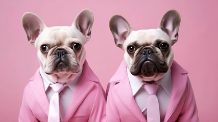 Two french bulldogs in matching pink suits showcase style and charm at a unique event