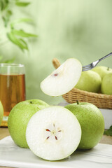 Fresh Dangshan Pears Closeup with Sliced Fruit on Fork - Healthy Natural Sweet Taste