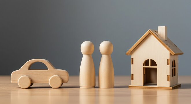 Wooden figures symbolizing family and couple standing by a miniature car and house, representing life goals, homeownership, and major purchases, ideal for financial planning concepts.