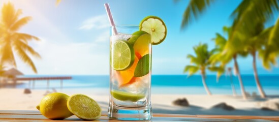 tropic summer vacation, Exotic drinks on blur tropical beach background 