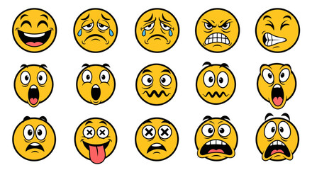 Collection of Yellow Cartoon Emoji Faces Expressing Various Emotions.