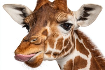 Fototapeta premium Close-up of a giraffe's face with visible tongue