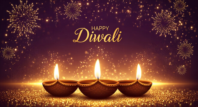 Happy Diwali festival background with glowing diya lamps golden fireworks sparkling lights traditional celebration design for Deepavali Durga Puja Navratri New Year cultural spiritual worship 