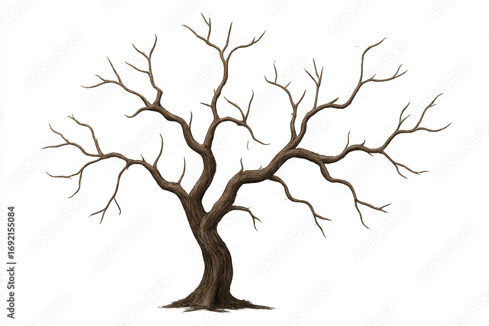 Poster illustration of a leafless tree with intricate branches, set against a transparent background, creat