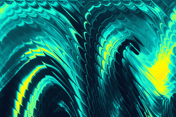An abstract fractal background with vibrant turquoise and yellow lines, creating a sense of dynamic movement and flow. The sharp, patterned textures give it a modern and futuristic feel.