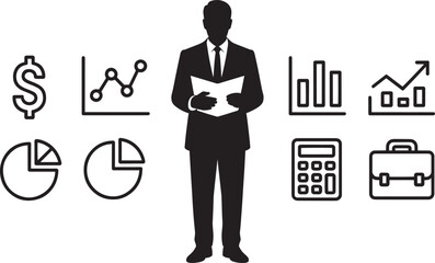 Silhouette of a Businessman with Finance Icons on Transparent Background Vector